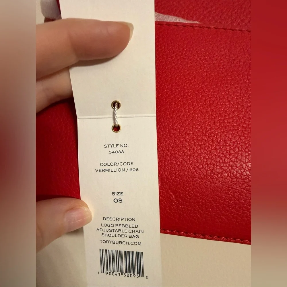 TORY BURCH Pebbled Leather Shoulder Bag With Adjustable Chain Vermillion Red - Picture 9 of 12